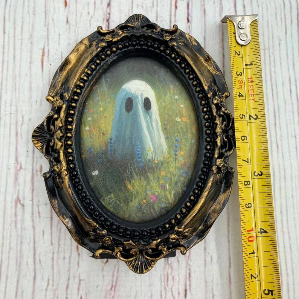 Ghost in Wildflower Field Decoupage Art Ornate Gold Black Resin Frame 4.5 inch